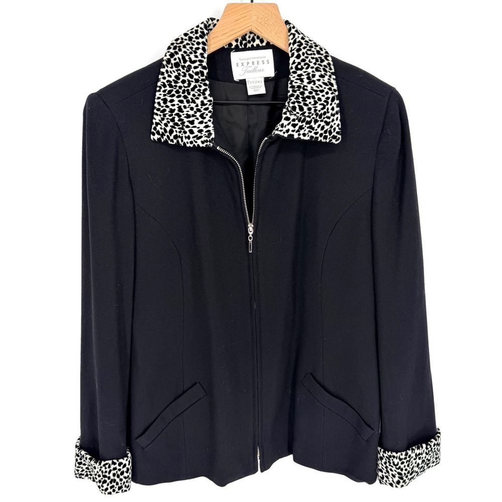 VTG 90s Wool Blend Leopard Collar Coat Petite 11/12 Black Tailored Chic Elevated